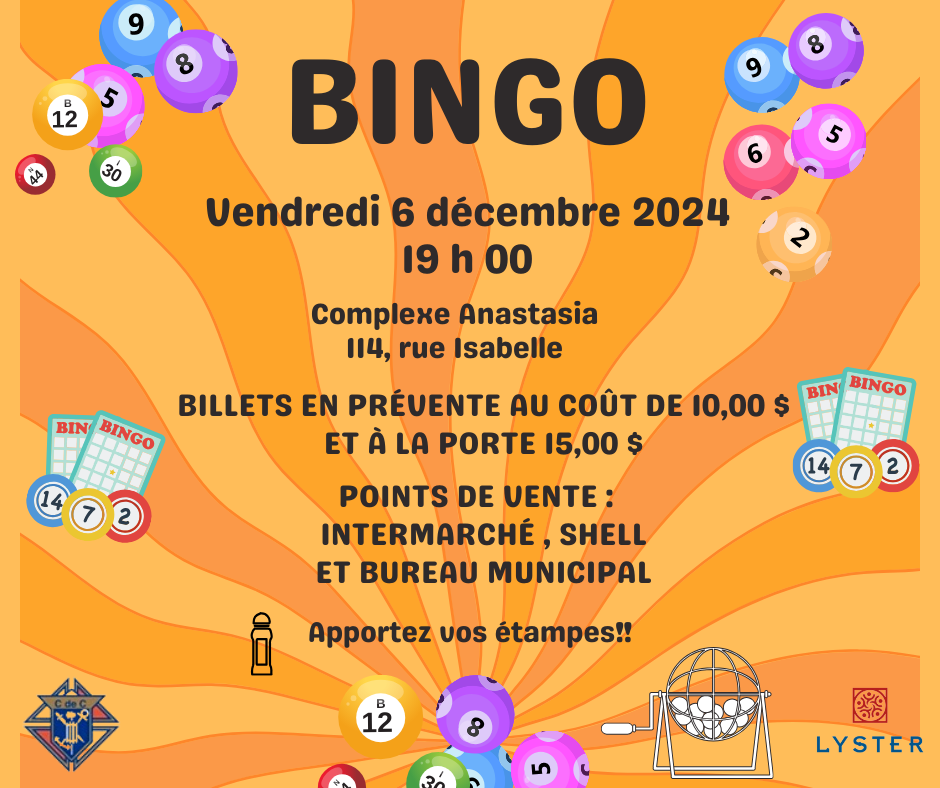 Bingo le 6 décembre au Complexe Anastasia - Municipalité de Lyster