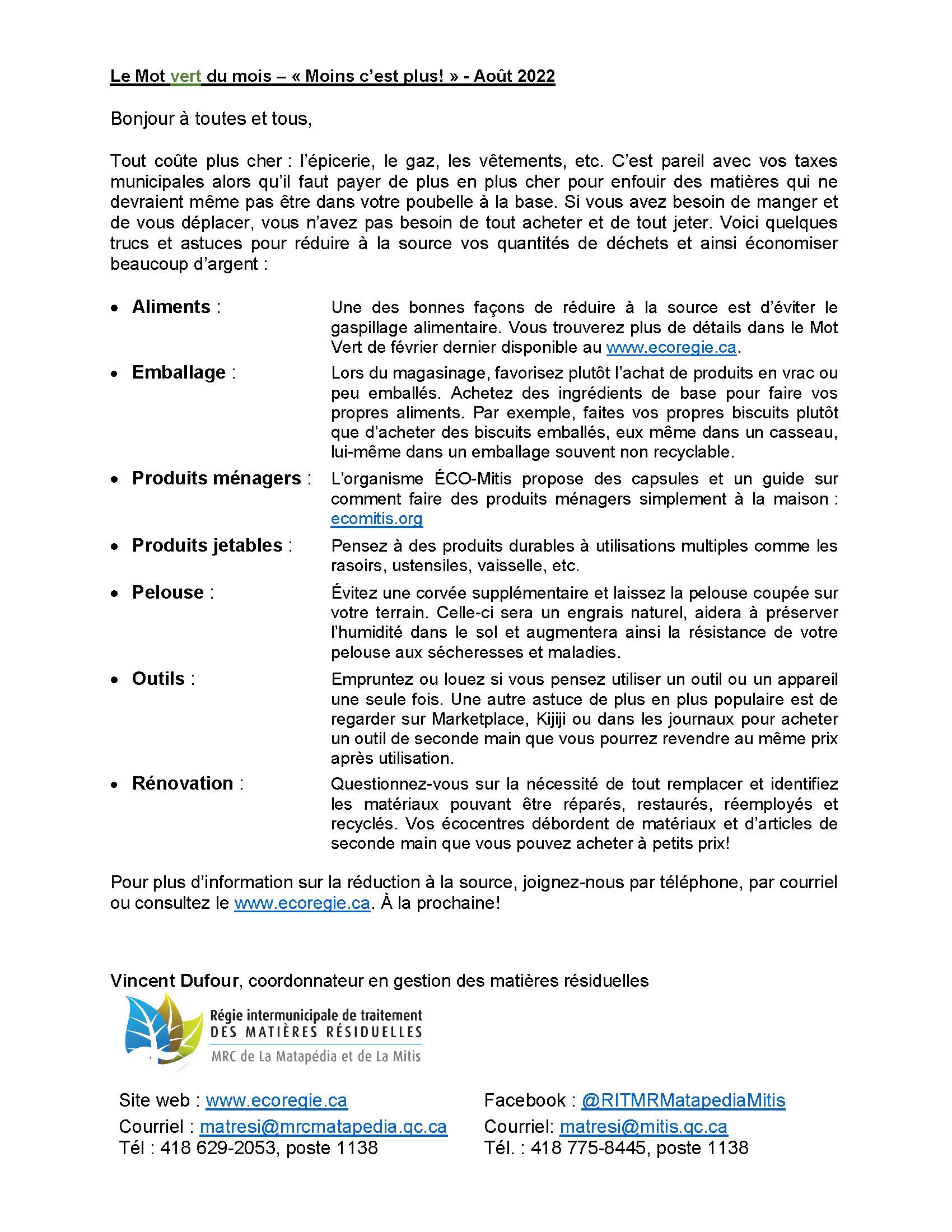 Mot vert Août 2022 Municipalité de SainteAngèledeMérici