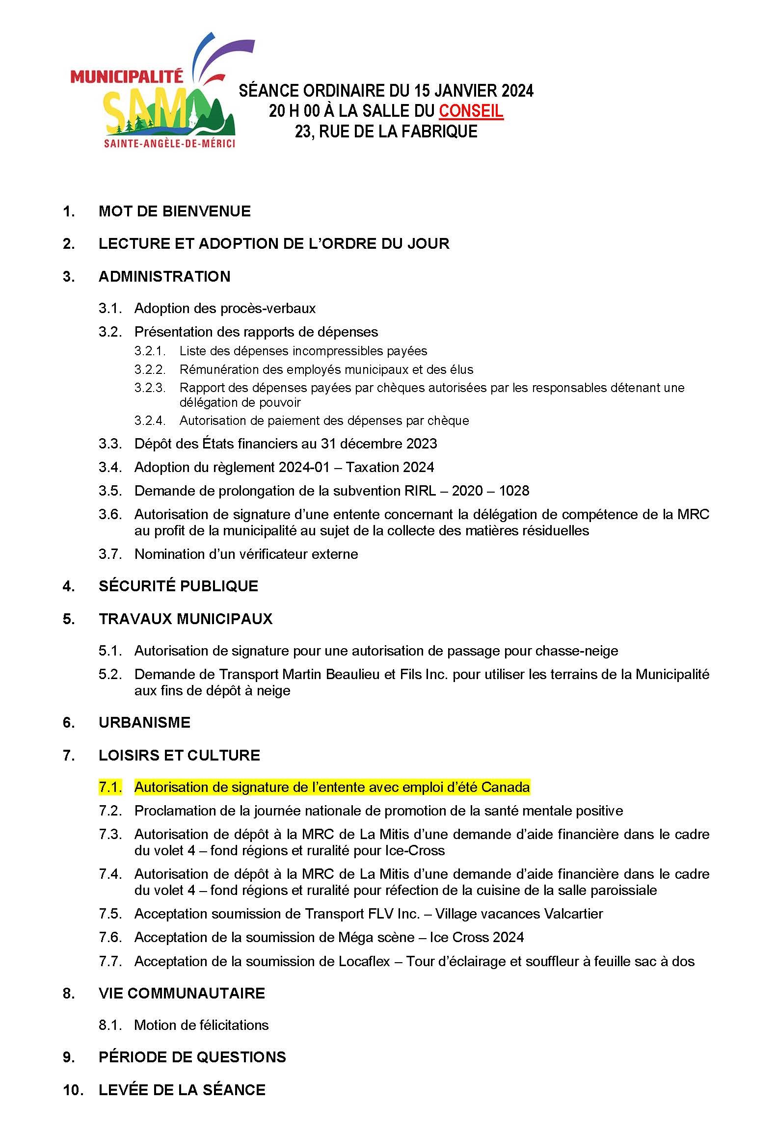 Ordre du jour Séance du 15 janvier 2024 Municipalité de SainteAngèledeMérici