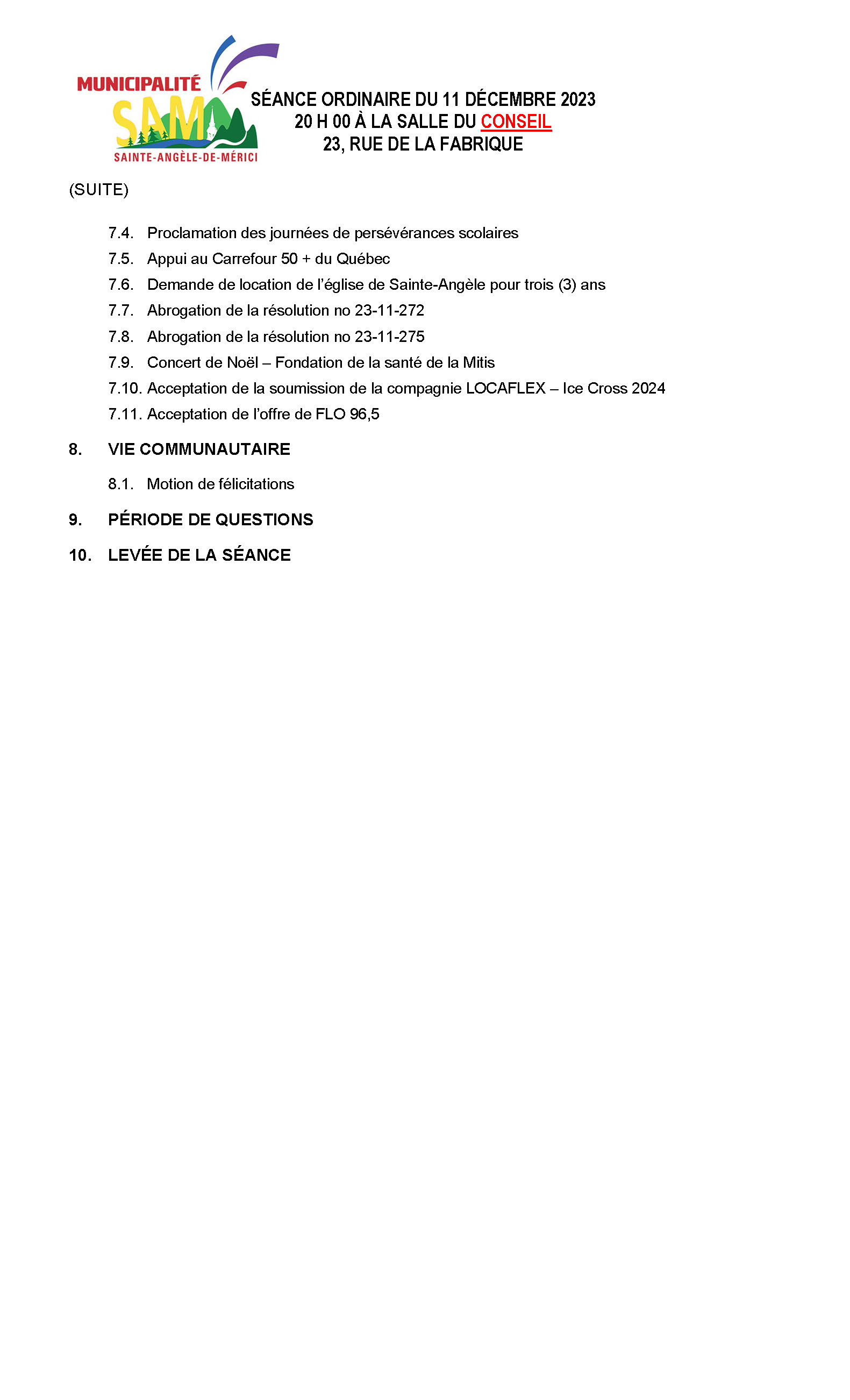 Ordre du jour Séance 11 décembre 2023 Municipalité de SainteAngèledeMérici